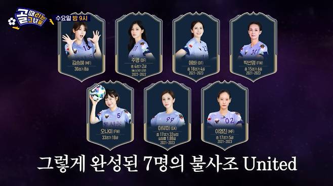 SBS ‘골 때리는 그녀들’(골때녀)이 과거 필드를 호령했던 레전드 선수들로 구성된 연합팀 ‘불사조 유나이티드’의 완전체를 공개했다. ‘절대자’ 박선영을 비롯해 ‘액셔니스타’ 우승 주역 이영진, ‘원더우먼’의 와일드카드 주명, ‘탑걸’ 에이스 아유미, ‘월드클라쓰’ 초대 주장 에바가 합류했다. 지휘봉은 최진철 감독이 잡는다. 2년 이상의 공백으로 인한 경기 감각 저하를 우려해 엔트리는 7명으로 구성됐으며, 현역 선수인 김승혜와 오나미가 신구 조화를 이끌며 팀의 전력을 보강한다.