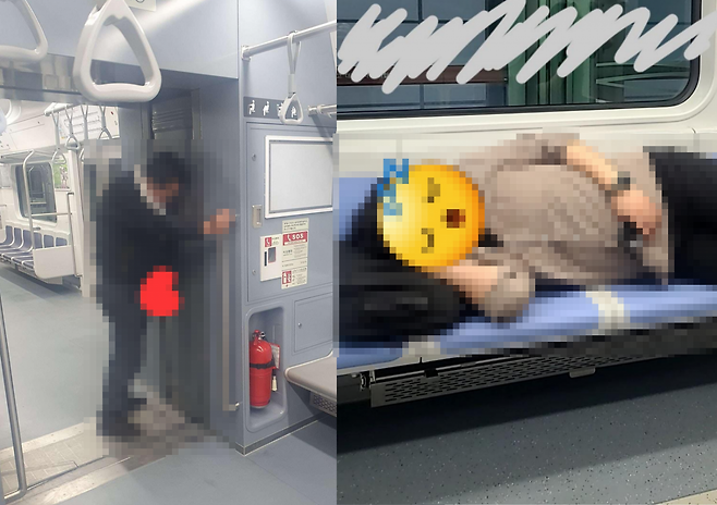 서울 지하철에서 민폐 승객 사례가 연이어 목격됐다. 술에 취해 소변을 보거나 좌석을 점유한 승객으로 시민들의 공분이 커졌다. (사진=보배드림)