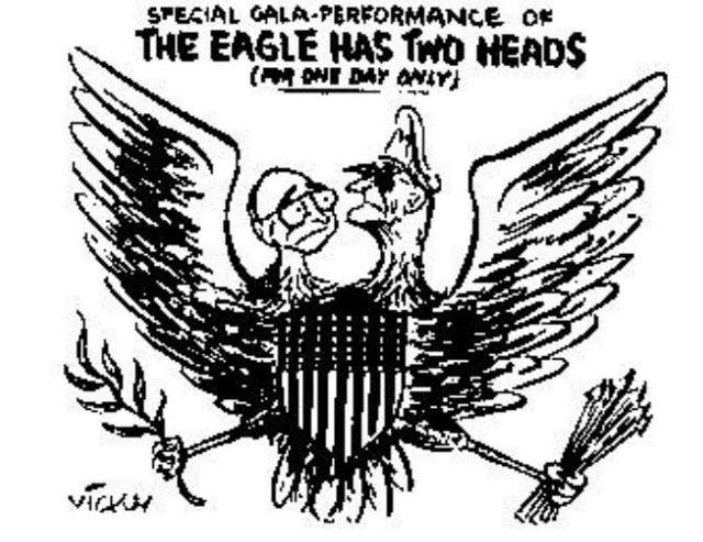해리 트루먼 대통령과 더글러스 맥아더 원수의 갈등을 다룬 일간지 런던 뉴스 크로니클의 삽화. 트루먼-맥아더 두 개의 머리를 가진 독수리로 미국을 묘사하고 있다.