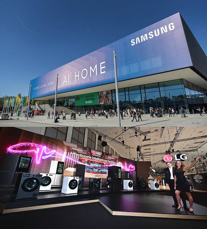 유럽 최대 가전 전시회인 ‘IFA 2025’에서 손님맞이 준비를 마친 삼성전자(위 사진)와 LG전자(아래)의 전시관 내외부 모습. 삼성전자·LG전자 제공