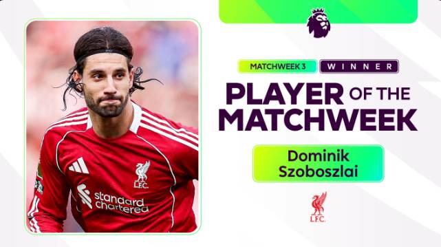 도미니크 소버슬러이가 풀백으로 맹활약하며 리버풀의 우측 풀백 고민을 해결했다. 사진은 지난 3일(한국시각) 3라운드 이주의 선수로 뽑힌 리버풀 소보슬러이의 모습. /사진=잉글랜드 프리미어리그 공식 홈페이지 캡처