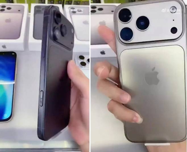 엑스(X·옛 트위터)에 공유된 29초 영상 캡처. 아이폰17 프로맥스로 추정되는 기기의 전면과 측·후면이 동시에 드러나며 두꺼운 하단 베젤과 후면 인레이 패널 디자인이 눈길을 끈다. 출처=엑스