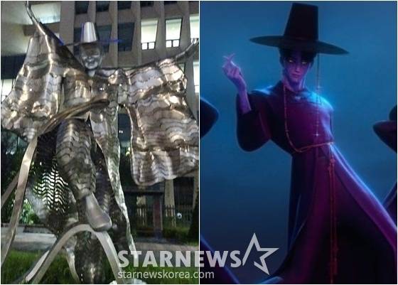 조형물 흥겨운 우리가락, '케이팝 데몬 헌터스'에 등장하는 사자보이즈 멤버/사진=뉴시스, 넷플릭스