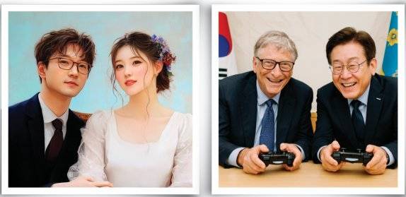 ‘미드저니’(왼쪽)와 ‘달리’에 이재명 대통령과 빌 게이츠 이사장 사진을 넣고 “두 사람이 컴퓨터 게임을 하는 장면을 만들어줘”라고 입력하자 각각 생성된 이미지. 미드저니 생성 이미지·달리 생성 이미지
