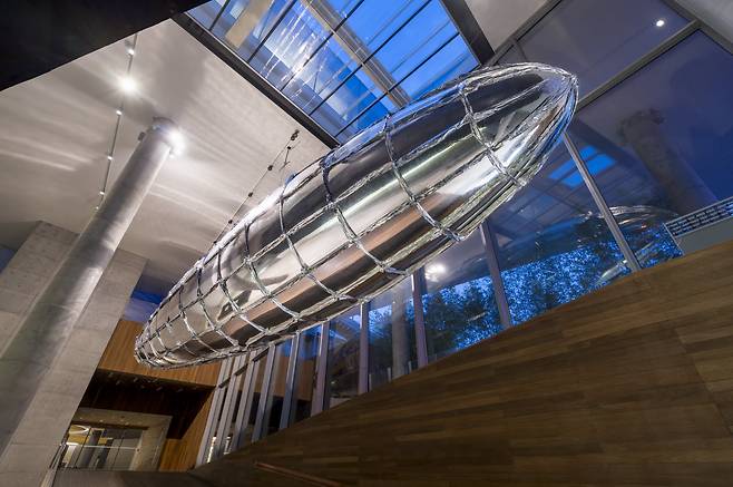 전시장 입구 천장에 17m 길이의 은빛 비행선 ‘취약할 의향-메탈라이즈드 벌룬’이 매달려 있다. 한국 현대미술을 대표하는 작가 이불의 대규모 서베이 전시다. /리움미술관