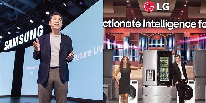 < 삼성 vs LG, 유럽서 진검승부 > 독일 베를린에서 열리는 유럽 최대 가전전시회 ‘IFA 2025’ 개막을 하루 앞둔 4일 김철기 삼성전자 생활가전(DA)사업부장(부사장)이 삼성 인공지능(AI)홈의 미래 방향을 발표하고 있다(왼쪽 사진). AI 가전이 전시된 LG전자 전시관(오른쪽 사진). /삼성전자·LG전자 제공