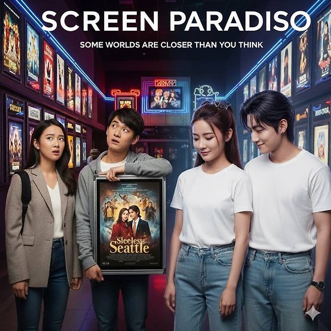 구글 제미나이로, 영화관 앞에서 영화제목을 보고 고개를 갸우뚱하는 커플과 제목 뜻을 이해하고 싱긋 웃는 커플을 그려보았다. 철자를 제멋대로 쓴다.