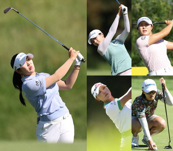 2025년 한국여자프로골프(KLPGA) 투어 메이저 대회 KB금융 스타챔피언십에 출전한 디펜딩 챔피언 유현조를 비롯해 이가영, 문정민, 고지우, 최은우(왼쪽부터) 프로가 2라운드에서 경기하는 모습이다. 사진제공=KLPGA (사진을 무단으로 사용하지 마십시오.)