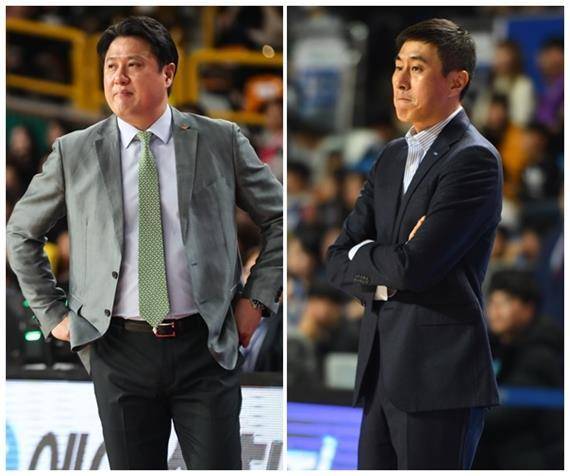 문경은(왼쪽) 감독과 이상민 KCC 신임 감독. KBL 제공