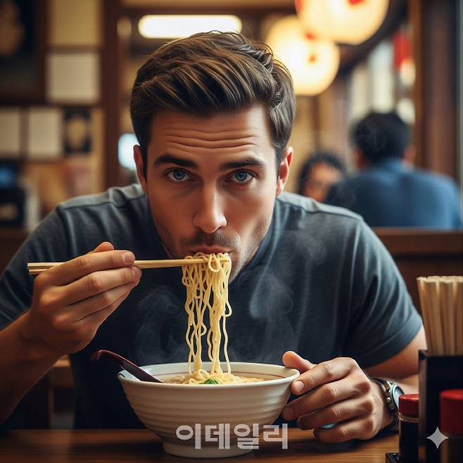 파란 눈을 가진 외국인이 젓가락으로 국수를 맛있게 먹는 모습을 그려달라고 하니 나온 결과물로 사진 오른쪽 아래에 AI 생성 이미지 워터마크가 삽입 돼 있다.