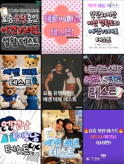 테토-에겐을 키워드로 입력한 인스타그램 검색 결과 모음. 각종 진단 콘텐츠와 성격 분류법 게시물이 올라와 있다. (인스타그램 갈무리)