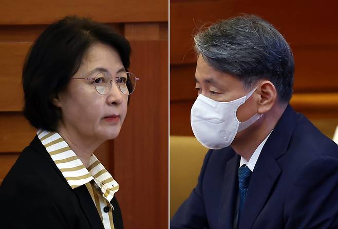 추미애 국회 법제사법위원회 위원장(왼쪽 사진)과 조지호 경찰청장이 9일 오후 서울 종로구 재동 헌법재판소 대심판정에서 열린 경찰청장 탄핵심판 1차 변론기일에 참석해 있다. /뉴스1