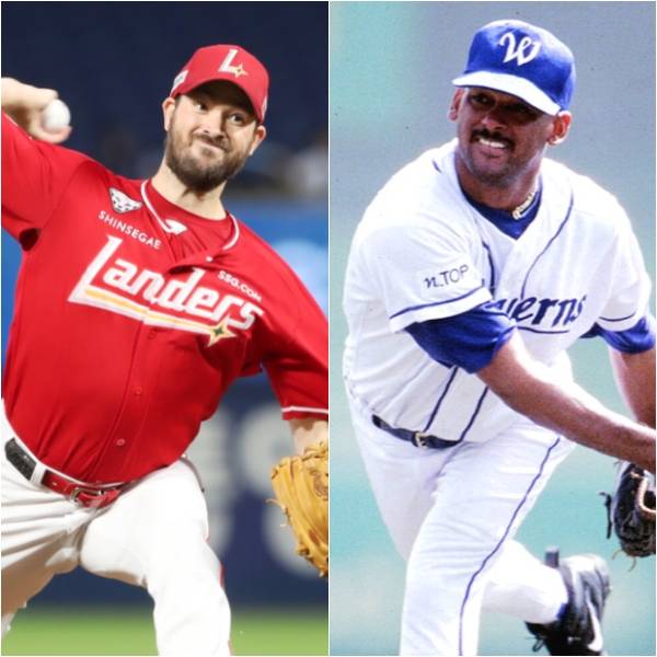 10일 창원 NC전에서 구단 한 시즌 최다 탈삼진 기록을 세운 드류 앤더슨과 종전 기록 보유자인 2001년 페르난도 에르난데스. SSG 제공