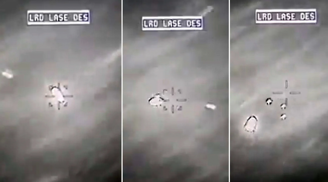 지난해 10월 예멘 상공에서 미국의 MQ-9 드론이 AGM-114 헬파이어 미사일로 추정되는 무기(왼쪽 화살표)를 미확인비행물체(중앙)에 발사했으나 튕겨 나가는 모습. 에릭 버리슨 미 하원의원 제공