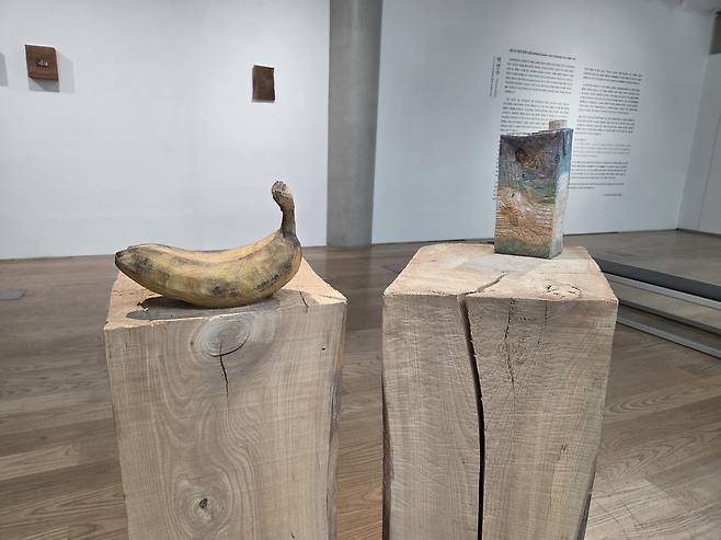 백연수 작 '바나나'와 '아몬드브리즈' (서울=연합뉴스) 박의래 기자 = 서울 평창동 김종영 미술관에서 열리고 있는 조각가 백연수 개인전 '끝나지 않은 장면'에 전시 중인 2019년 작 바나나(왼쪽)와 아몬드브리즈의 모습. 2025.9.10. laecorp@yna.co.kr