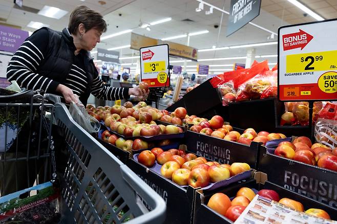 미국 메릴랜드주 하이엇츠빌 GKS 식료품점에서 한 소비자가 사과를 비교하고 있다. /연합뉴스
