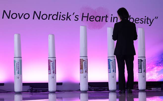 지난해 10월 15일 서울 용산구 그랜드하얏트 행사장 앞에 위고비 모형이 전시됐다. /뉴스1