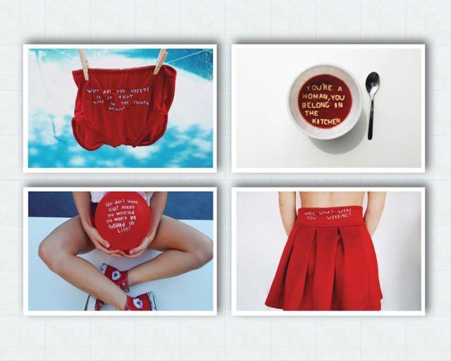 미국 시각예술가 겸 패션 디자이너 로라 블루(Rola Blue)의 2016년 작품들. SNS 등을 통해 직간접적으로 경험한 성차별적 말들을 시각적으로 형상화해 일상에 만연한 언어 폭력을 고발한 '조심해서 다루시오(Handle with Care)' 시리즈의 일부. "왜 화났어? 또 그날이야?" "여자는 부엌에 있어야지" "아이를 원치 않는다고? 충만한 삶을 못 누릴까 봐 걱정되지 않아?" "도대체 뭘 입은 거야?"(윗줄 왼쪽부터 시계방향)라는 문구가 새겨져 있다. awomensthing.org