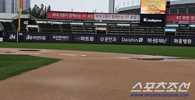 17일 수원 KT위즈파크 그라운드에 폭우가 내려 물이 고인 장면. 수원=권인하 기자