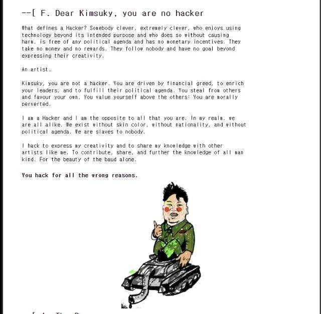 지난달 8일 미국 보안전문매체 프랙에 게재된 'APT Down - The North Korea Files ' 보고서의 일부. 북한 해커 조직 '김수키'가 한국 정부기관을 해킹 공격했다는 내용을 담고 있는 보고서로, 김정은 북한 국무위원장으로 추정되는 캐릭터가 탱크 위에 앉아 있는 그림도 삽입돼 있다. 프랙 홈페이지 캡처