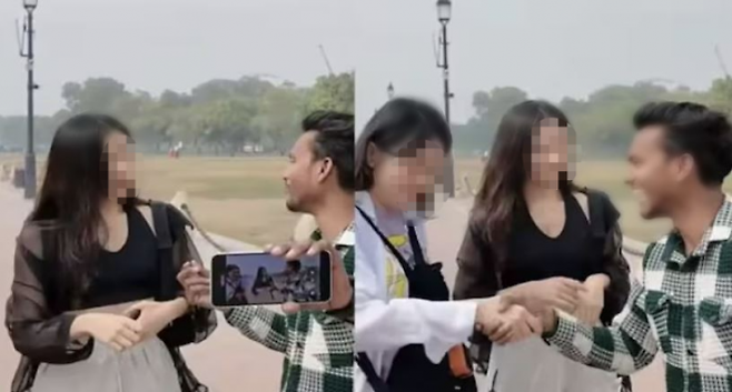 인도 델리 인디아 게이트에서 한국인 여성 관광객들에게 주먹인사와 포옹을 요구하며 “귀엽다, 사랑해”라고 말한 현지 남성의 모습. 이 영상이 소셜미디어(SNS)에서 확산되며 논란이 일고 있다. 인스타그램 캡처