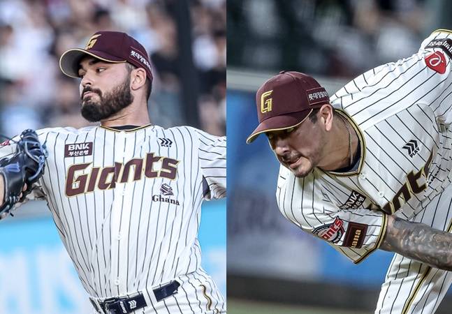 롯데 알렉 감보아(왼쪽)와 빈스 벨라스케즈가 20일 사직 키움전에서 투구하고 있다. /사진=롯데 자이언츠 제공