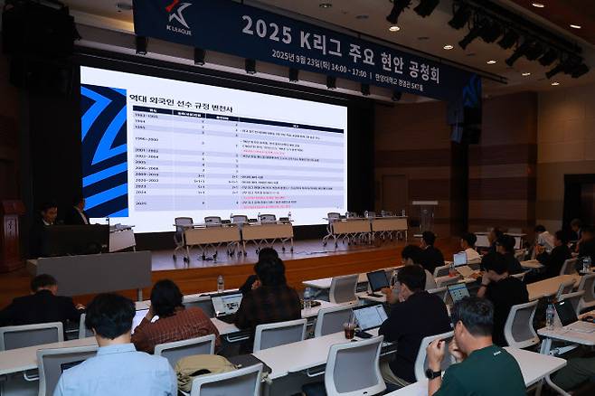 안치준 한국프로축구연맹 구단지원팀장이 23일 서울 성동구 한양대학교 경영관 SKT홀에서 열린 2025 K리그 주요 현안 공청회에 참석해 K리그 외국인 선수 쿼터 제도에 관해 발제하고 있다. 이번 공청회는 K리그1 적정 팀 수와 K리그 외국인 선수 쿼터 제도를 주제로 열렸다. 사진=연합뉴스