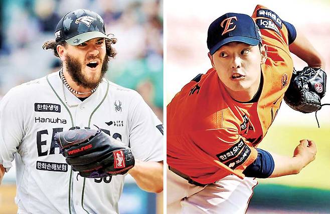 한화 선발 폰세(왼쪽)와 문동주