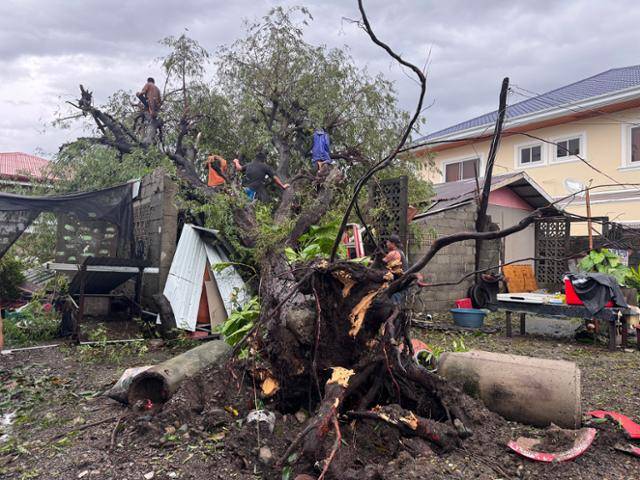 초강력 태풍 라가사가 필리핀 북부 일로코스 노르테주를 강타한 가운데 마을 주민들이 태풍으로 쓰러진 나무를 치우고 있다. 노르테=EPA 연합뉴스