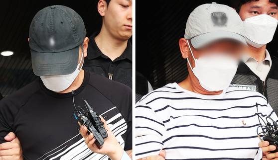 KT 무단 소액결제 사건의 피의자인 중국 국적 남성 A씨(왼쪽)와 B씨가 지난 18일 구속 전 피의자 심문(영장실질심사)에 출석하기 위해 경기도 수원영통경찰서 유치장에서 나오고 있다. 연합뉴스