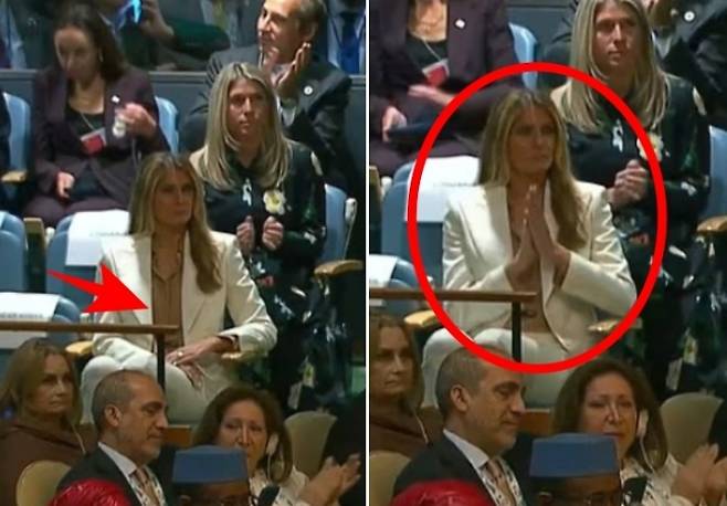 도널드 트럼프 미국 대통령이 지난 23일(현지시간) 유엔 총회에서 연설을 마친 뒤 마지못해 박수를 보내는 멜라니아 여사. 로이터 연합뉴스