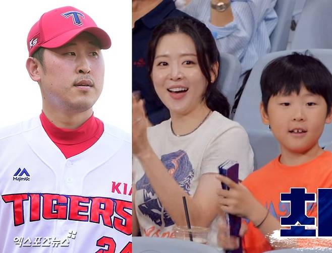 KIA 선발투수 시절 경기 준비하고 있는 윤석민, '최강야구'에서 윤석민을 응원하는 가족들의 모습.