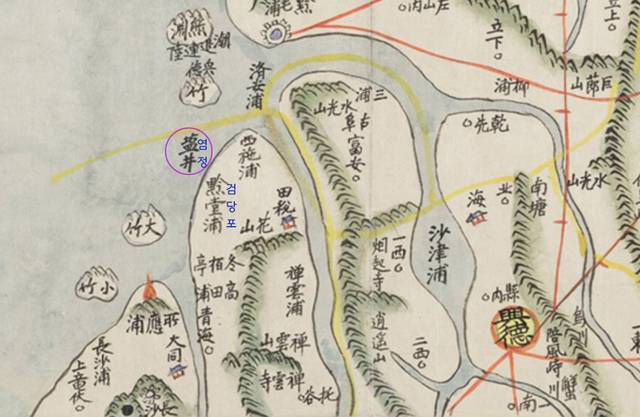 김정호의 「동여도」에 적혀있는 검당포 앞 염정