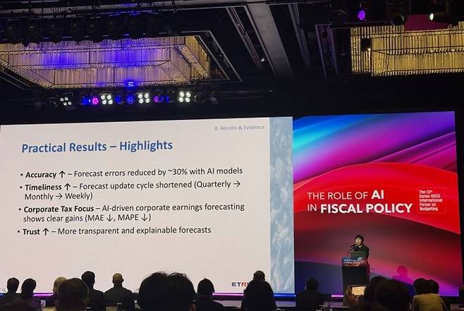 이연희 한국전자통신연구원(ETRI) 재정경제정책지능연구센터장이 26일 JW 메리어트 호텔 서울에서 열린 제13회 '한-경제협력개발기구(OECD) 국제재정포럼에서 발표하고 있다. 김평화 기자