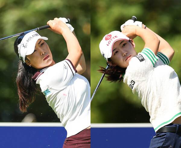2025년 한국여자프로골프(KLPGA) 투어 메이저 대회 하이트진로 챔피언십에 출전한 윤이나, 황유민 프로가 3라운드에서 경기하는 모습이다. 사진제공=KLPGA (사진을 무단으로 사용하지 마십시오.)