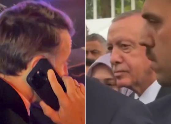 지난 22일(현지시간) 에마뉘엘 마크롱 프랑스 대통령(왼쪽)과 타이이프 에르도안 튀르키예 대통령이 뉴욕 거리에서 트럼프 대통령의 차량이 지나갈 때까지 멈춰 서 있어야 했다. 사진 유튜브 캡처