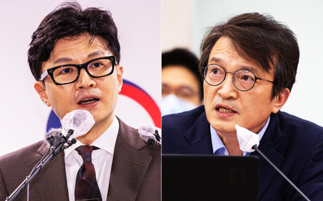 한동훈(왼쪽 사진) 전 국민의힘 대표와 김의겸 새만금개발청장. 연합뉴스·뉴스1