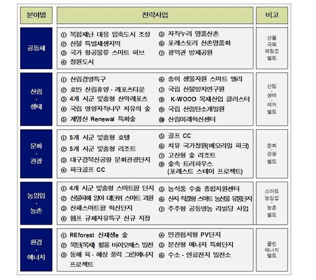 경북도 산불극복 재창조 프로젝트 기본구상 5대 분야 38개 전략사업 목록. 경북도 제공