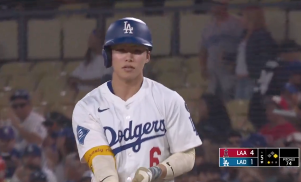 9타석 연속 출루 행진을 이어간 김혜성(사진=MLB.com 중계화면)