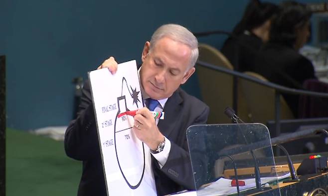 2012년 9월 유엔총회에서 연설할 당시 베냐민 네타냐후 이스라엘 총리가 이란 핵 보유와 관련, 폭탄 그림이 그려진 도표를 들고 빨간 펜으로 줄 그으며 연설하고 있다. /이스라엘 총리실 유튜브 캡쳐