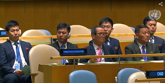 유엔 북한 대표단이 김선경 외부성 부장의 연설을 듣고 있다. (사진=유엔 동영상 캡처)