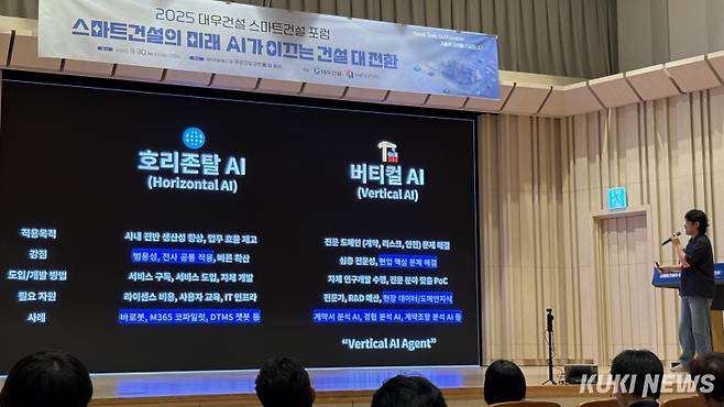 이희웅 대우건설 스마트건설연구팀 책임이 ‘2025 대우건설 스마트건설 포럼’에서 강연을 하고 있다. 이유림 기자