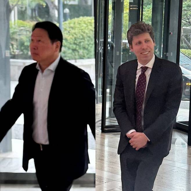 최태원 SK그룹 회장과 샘 올트먼 오픈AI CEO가 1일 서울 종로구 SK 서린동 본사에 들어서고 있다. ⓒ데일리안 정인혁 기자