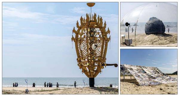 ‘2025바다미술제’ 참여 작품이 부산 사하구 다대포해수욕장에 설치되어 있다. 왼쪽부터 시계방향으로 김상돈 작가의 ‘알 그리고 등대’, 플라스티크 판타스티크의 ‘폴리미터’, 마티아스 케슬러와 아멧 치벨렉의 ‘아무것도 아닌 것에서 무언가를 만들기’. 이원준 기자, 부산비엔날레조직위원회 제공