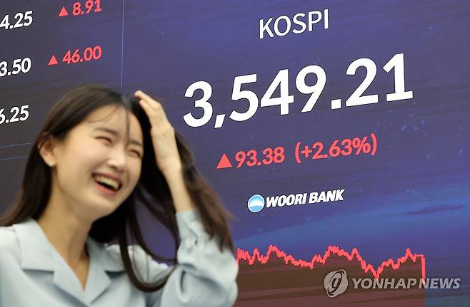 코스피 역대 최고치 종가 (서울=연합뉴스) 이진욱 기자 = 코스피가 사상 처음 3,500선을 돌파하며 종가 기준 역대 최고치인 3,549.21로 마감한 2일 오후 서울 중구 우리은행 딜링룸에서 관계자가 업무를 보고 있다. 2025.10.2 cityboy@yna.co.kr