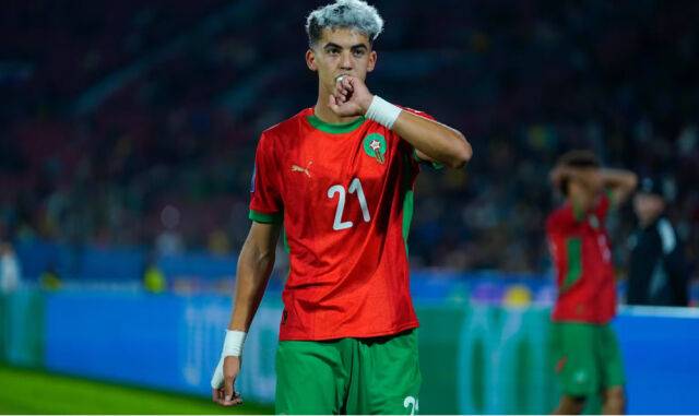 모로코의 야시리 자비리가 브라질과 경기에서 결승골을 터뜨리고 세리머니하고 있다. /FIFA 제공