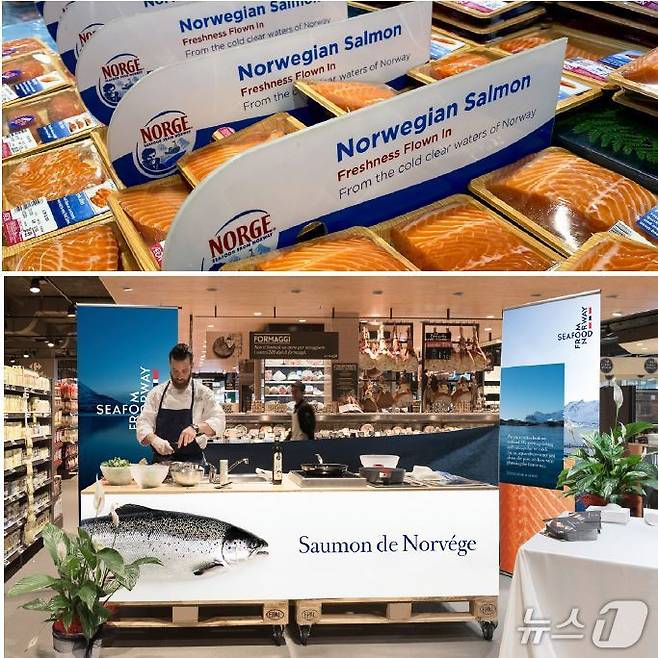 노르웨이 수산물 브랜딩. 교체 전 로고인 NORGE 로고(위쪽), 아래는 Seafood from Norway 홍보 전시관(출처:shutterstock)