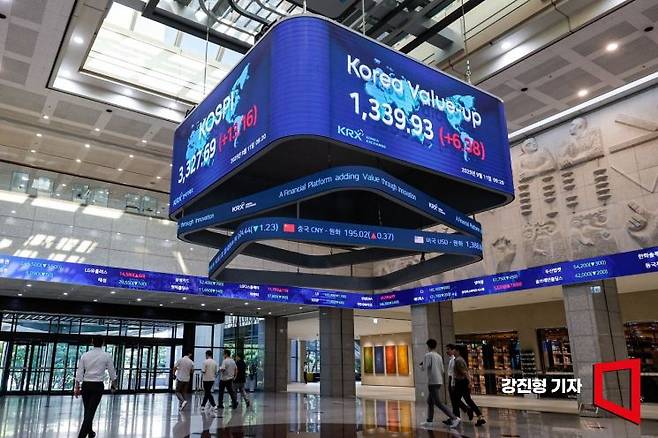 서울 여의도 한국거래소 전광판에 코스피 지수가 표시돼 있다. 강진형 기자