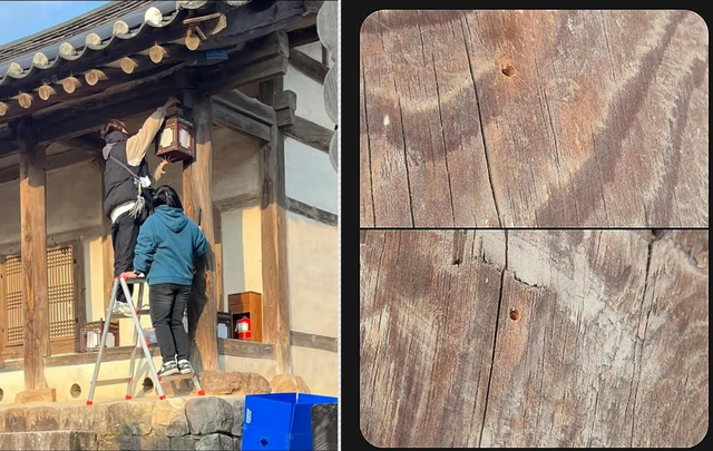 지난해 12월30일 한 드라마 촬영팀이 유네스코 세계문화유산에 등재된 경북 안동 병산서원에서 소품 설치를 위해 건축물 기둥에 못을 박은 정황과 안동시가 공개한 만대루 기둥 못질 피해 흔적.<연합뉴스 제보사진·안동시 제공>