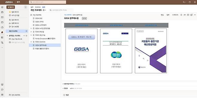 프로젝트 뿐만 아니라 업무 메뉴얼을 위키로 구축하거나, 소프트웨어를 드라이브로 공유하는 등 다양한 부분에서 디지털 전환을 이뤘다 / 출처=GBSA